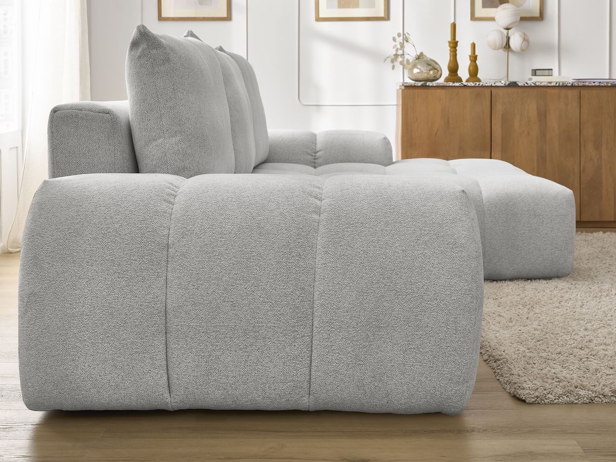 Bobochic Everest Ecksofa mit Schlaffunktion und Bettkasten 318 × 180 cm, 3 Kissen Melange-Stoff Hellgrau Ecke rechts