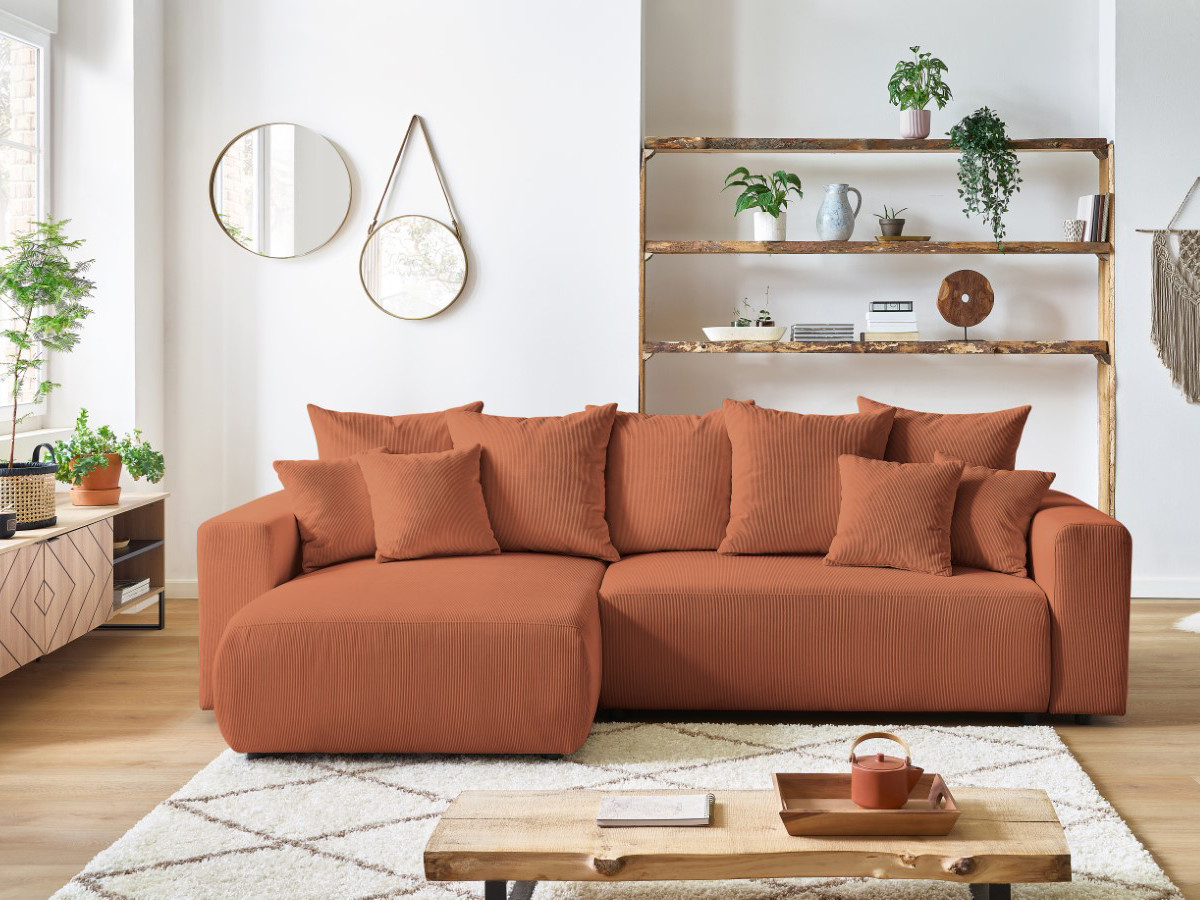 Bobochic Envy Ecksofa mit Schlaffunktion und Bettkasten Cordsamt Orange
