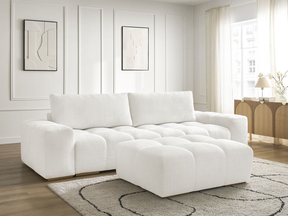 Bobochic Anakin Sofa 3-Sitzer mit Pouf, 2 Kissen Strukturstoff Weiß
