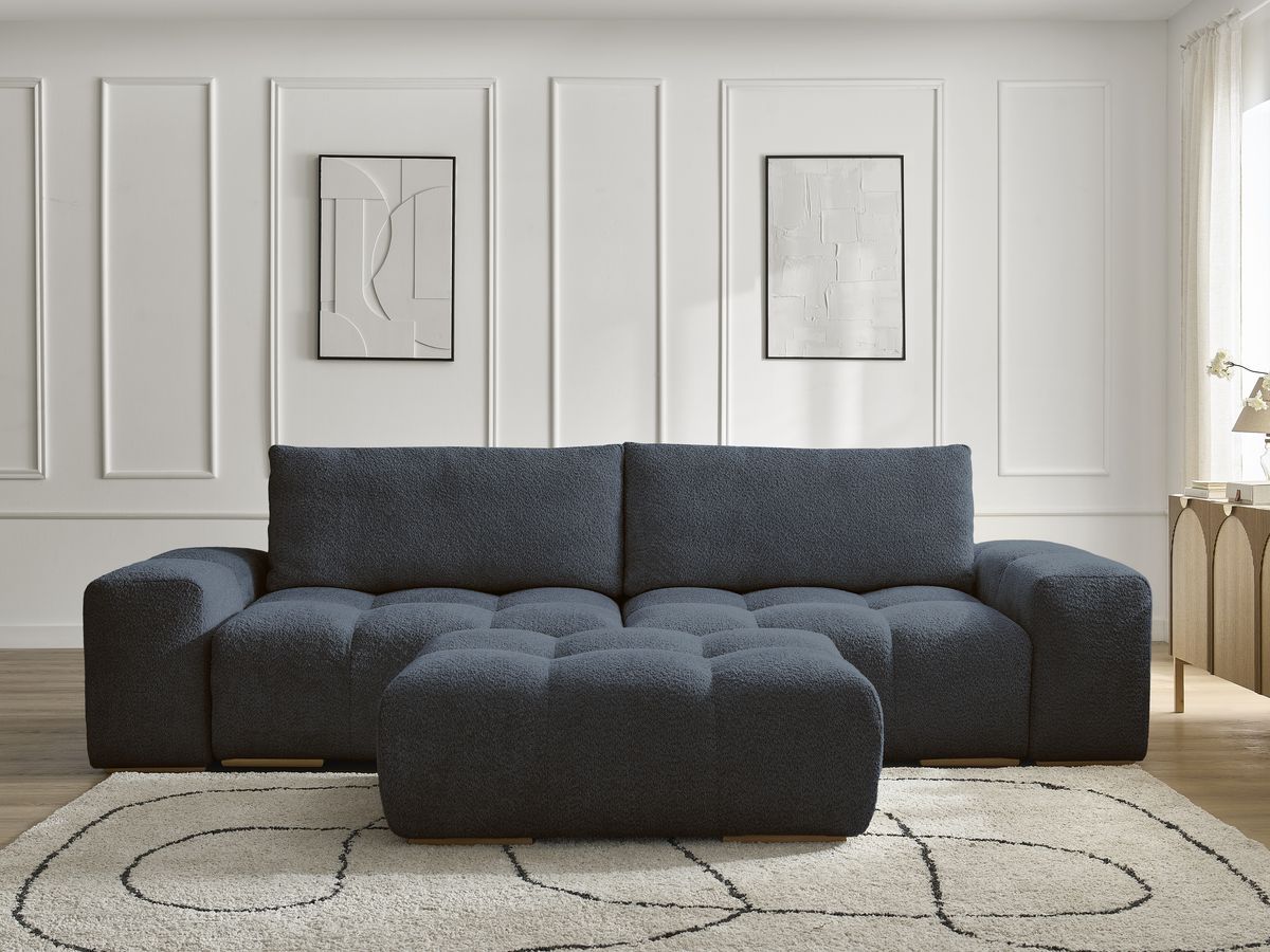 Bobochic Anakin Schlafsofa 3-Sitzer mit Bettkasten und Pouf, 2 Kissen Bouclé-Stoff Dunkelblau