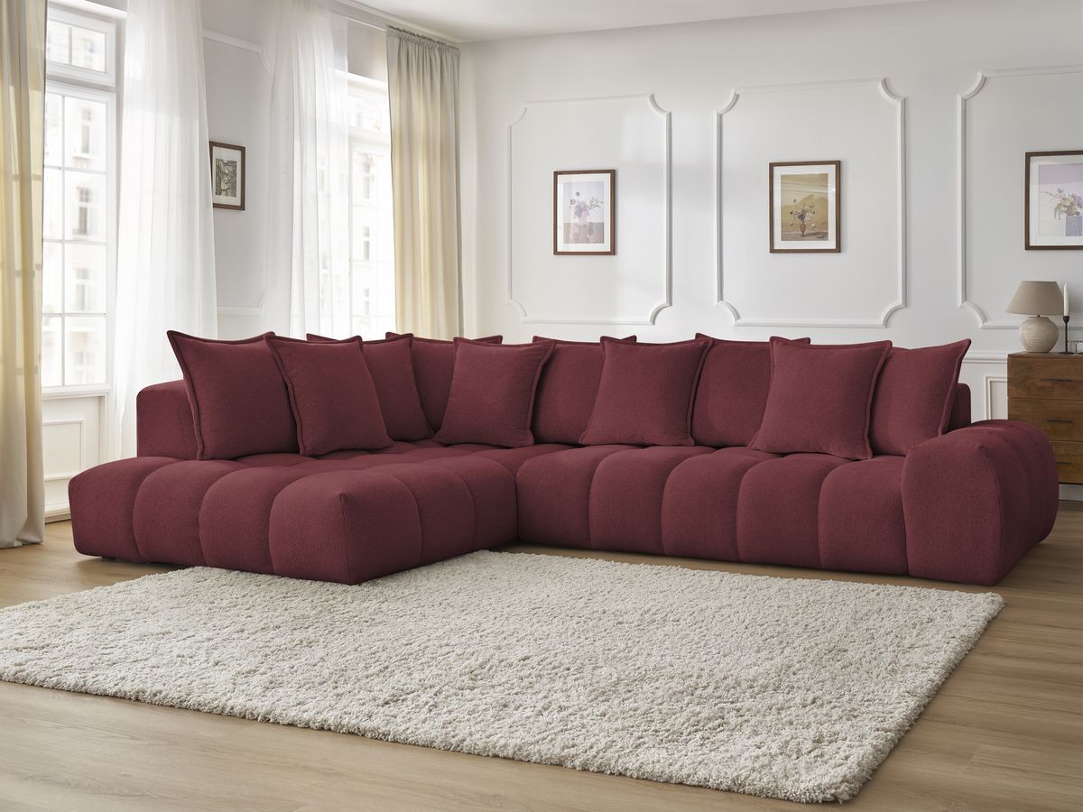 Bobochic Everest Ecksofa, 10 Kissen Melange-Stoff Rot Ecke links