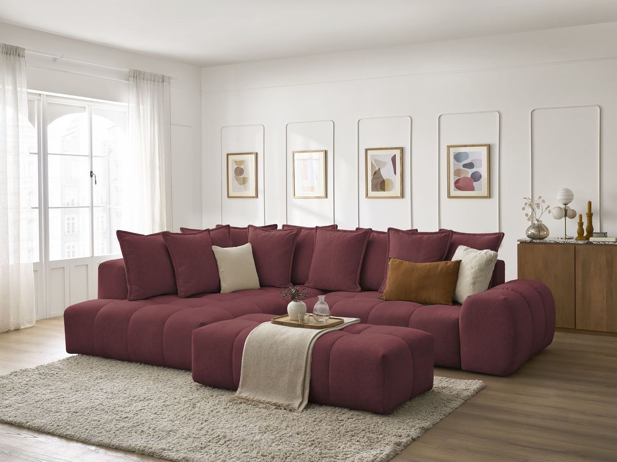 Bobochic Everest Ecksofa mit Schlaffunktion und Bettkasten und Pouf 320 × 212 cm, 10 Kissen Melange-Stoff Rot Ecke links