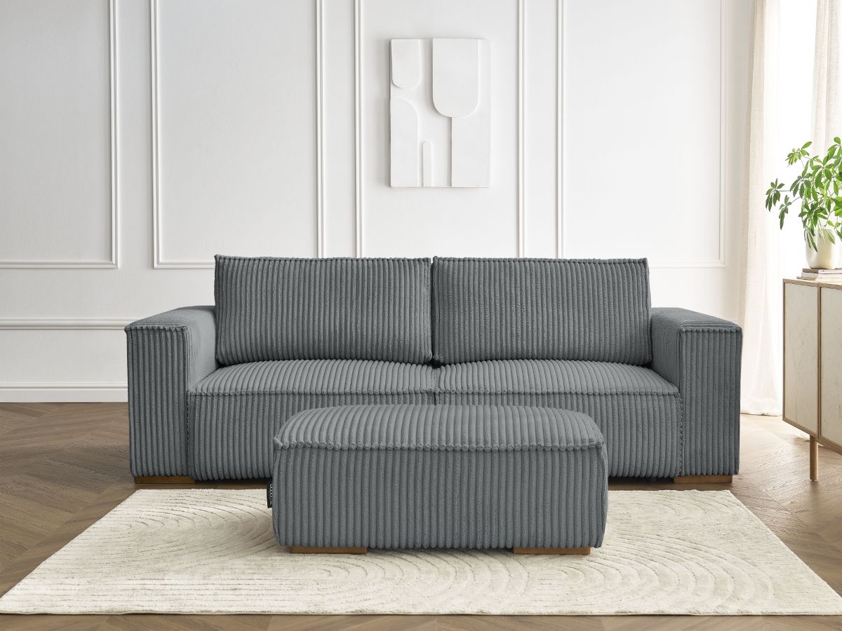 Bobochic Chelsea Schlafsofa 4-Sitzer mit Bettkasten und Pouf Breitcord weich Dunkelgrau