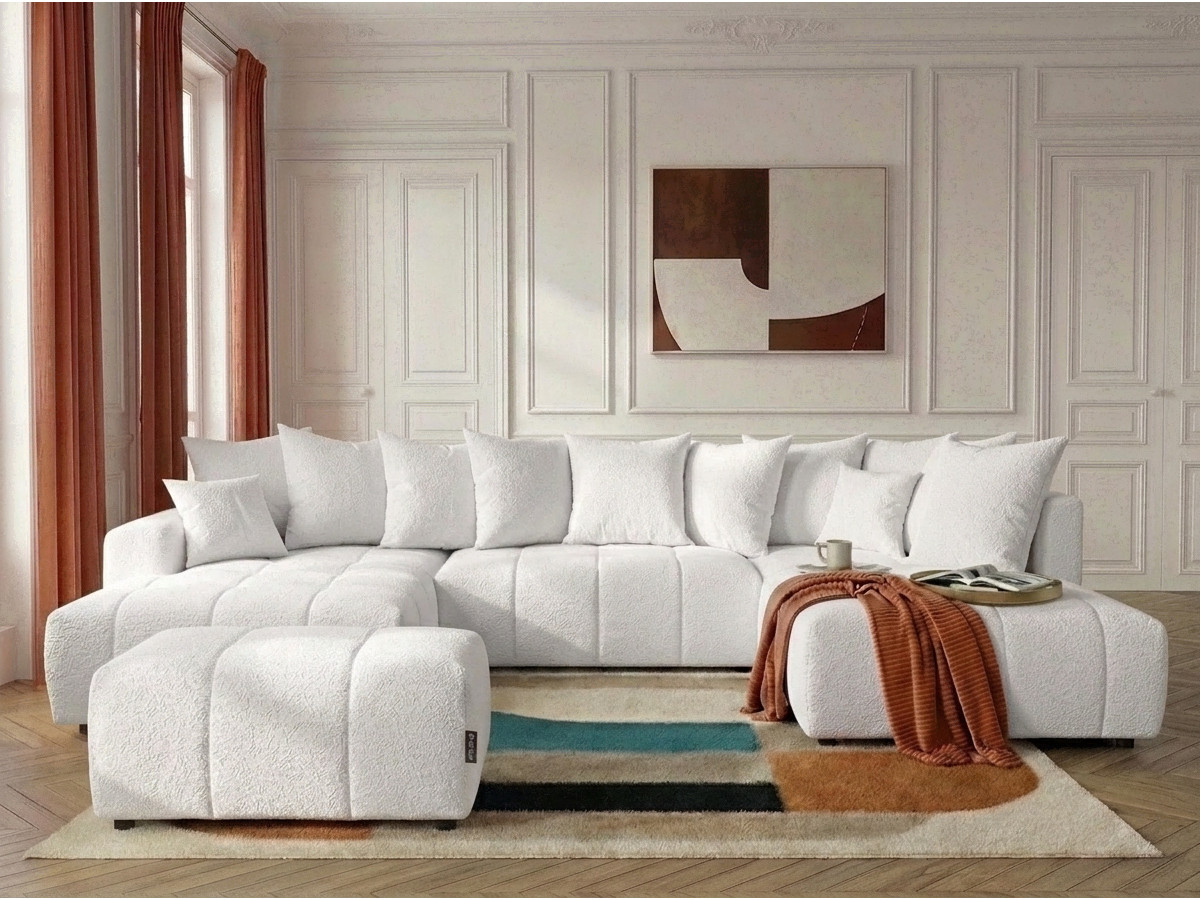 Bobochic Roxelane Wohnlandschaft mit Pouf Bouclé-Stoff Weiß Ecke links