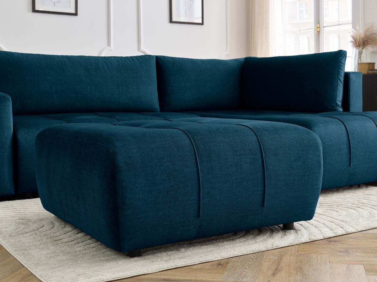 Bobochic Arsene Ecksofa mit Schlaffunktion und Bettkasten und Pouf 277 × 200 cm Samt Blau Ecke rechts