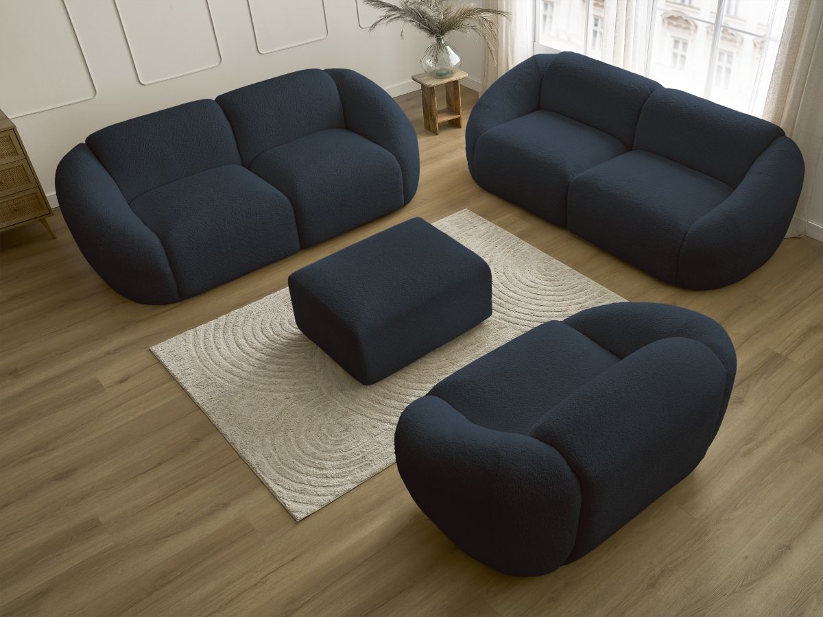 Bobochic Tina Sofa 7-Sitzer mit Pouf Bouclé-Stoff Dunkelblau