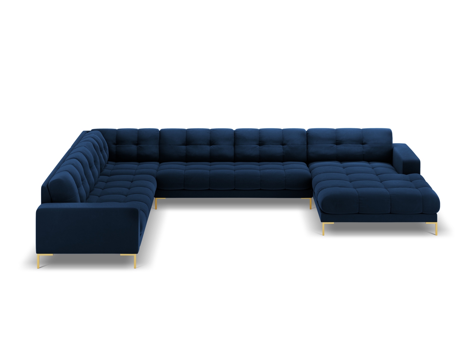 Cosmopolitan Design Panoramasofa Bali 7-Sitzer 327 cm Samt Bluvel Königsblau Links Beine Gold