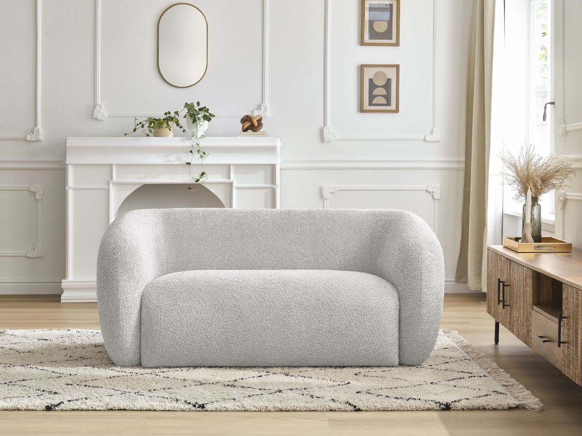 Bobochic Celine Sofa 2-Sitzer Bouclé-Stoff Hellgrau