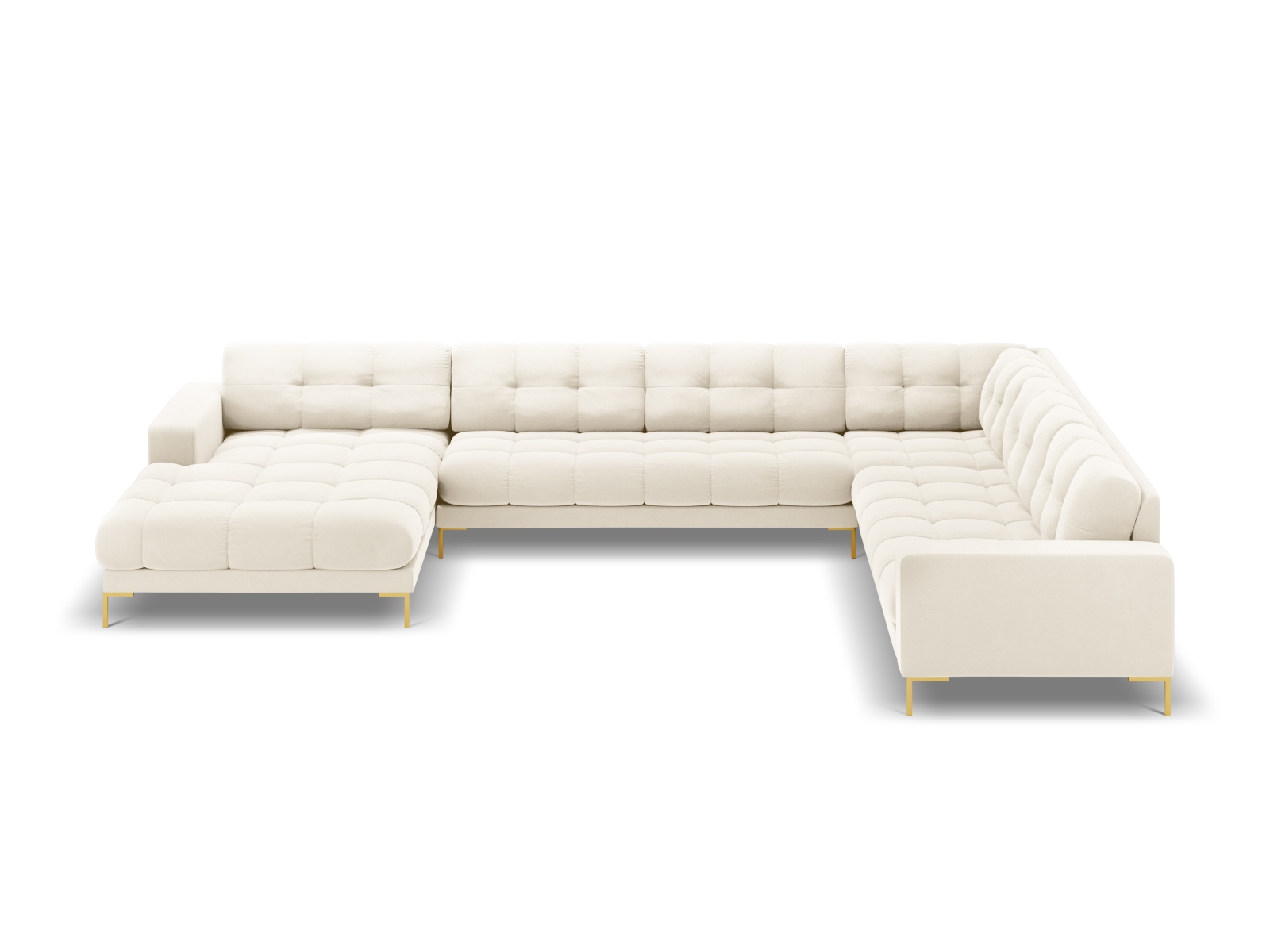 Cosmopolitan Design Panoramasofa Bali 7-Sitzer 327 cm Samt Bluvel Helles Beige Rechts Beine Gold
