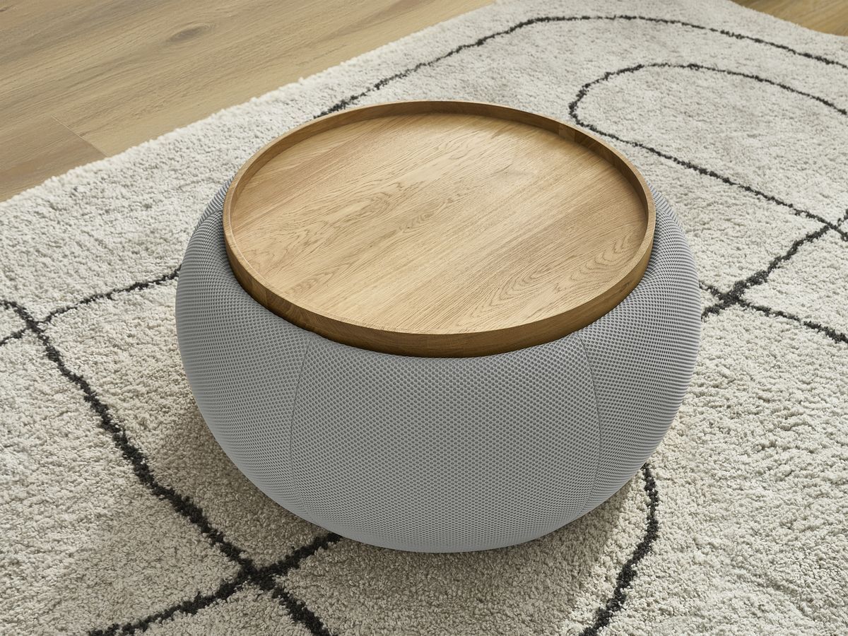 Bobochic Hayden Pouf mit Tablett, rund Mesh-Stoff Hellgrau, 77 cm
