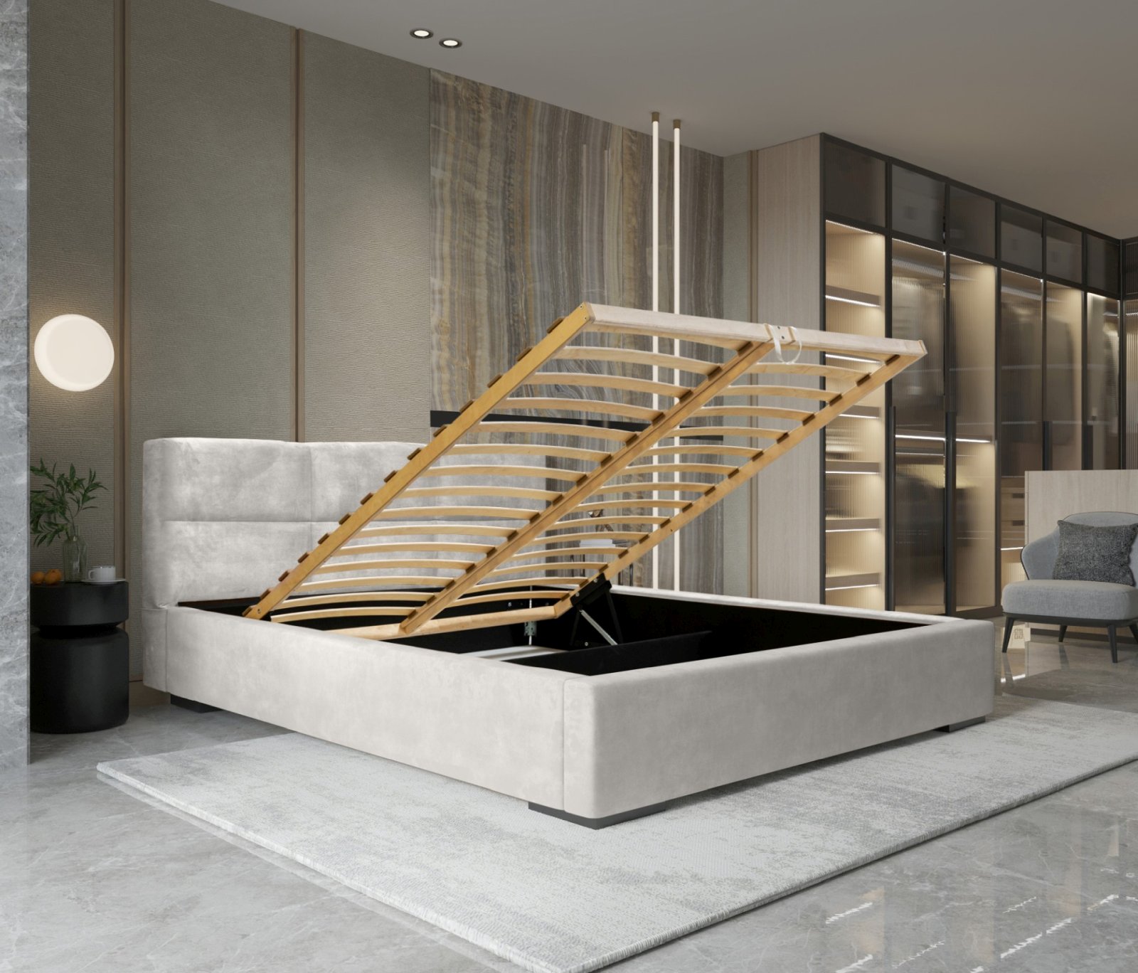Polsterbett Portoza Samtstoff 140x200 mit Holzrahmen Macau Pearl