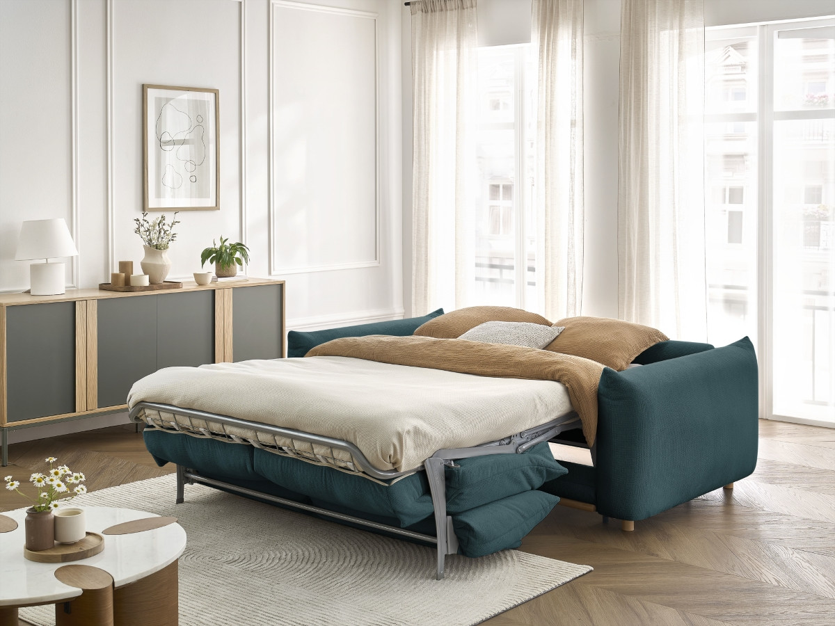 Bobochic Ernest Schlafsofa 3-Sitzer, Liegefläche 190 × 140 / 160 cm Stoff Dunkelblau, Liegefläche 160 × 190 cm