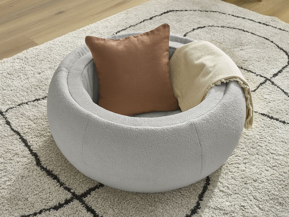 Bobochic Hayden Pouf mit Tablett, rund Bouclé-Stoff Hellgrau, 87 cm
