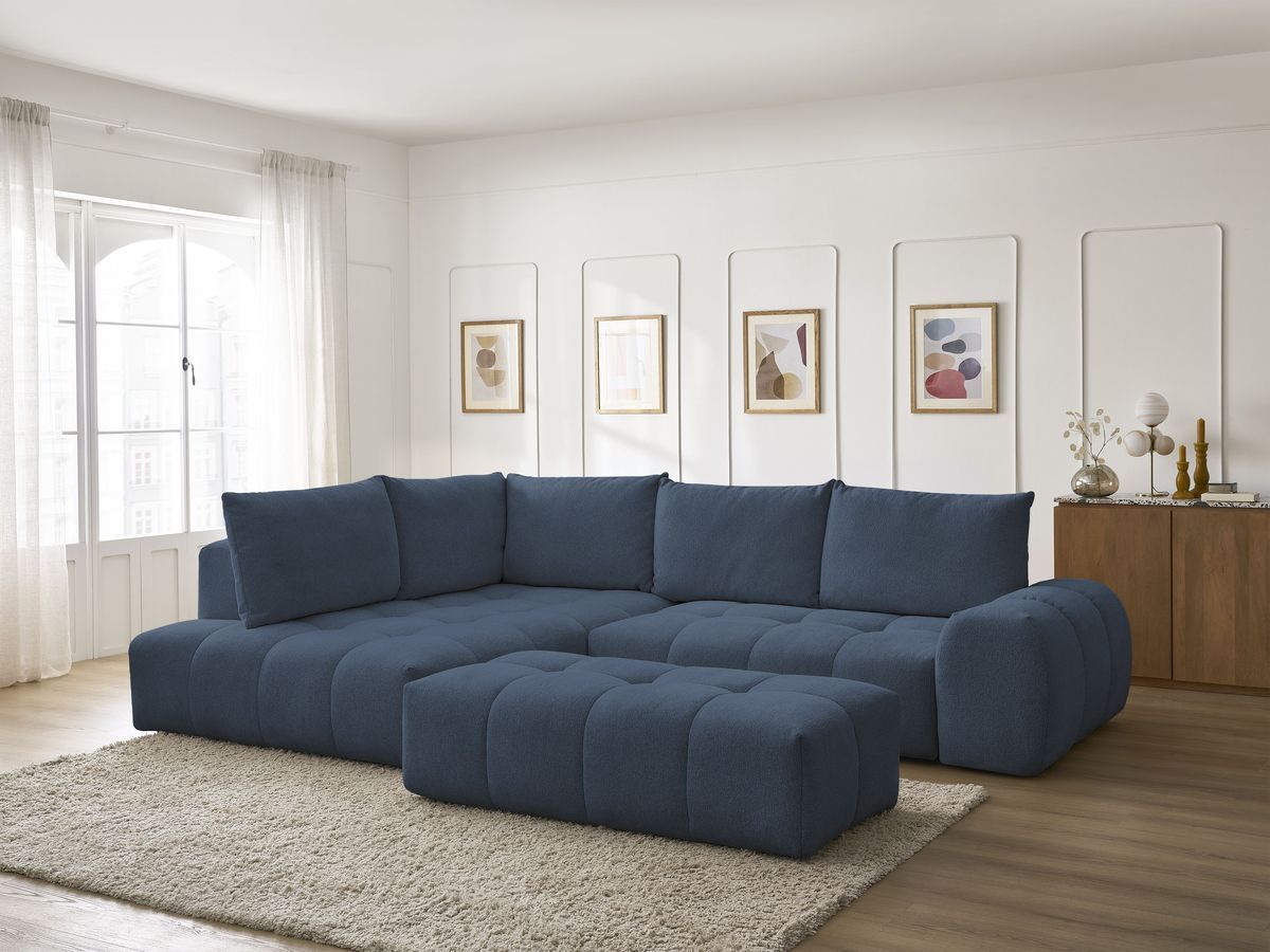 Bobochic Everest Ecksofa mit Schlaffunktion und Bettkasten und Pouf 320 × 212 cm, 5 Kissen Melange-Stoff Dunkelblau Ecke links