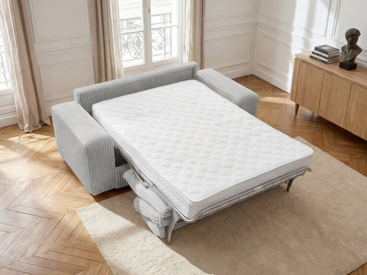 Bobochic Ibiza Schlafsofa 3-Sitzer Cordsamt Hellgrau, Liegefläche 160 × 196 cm