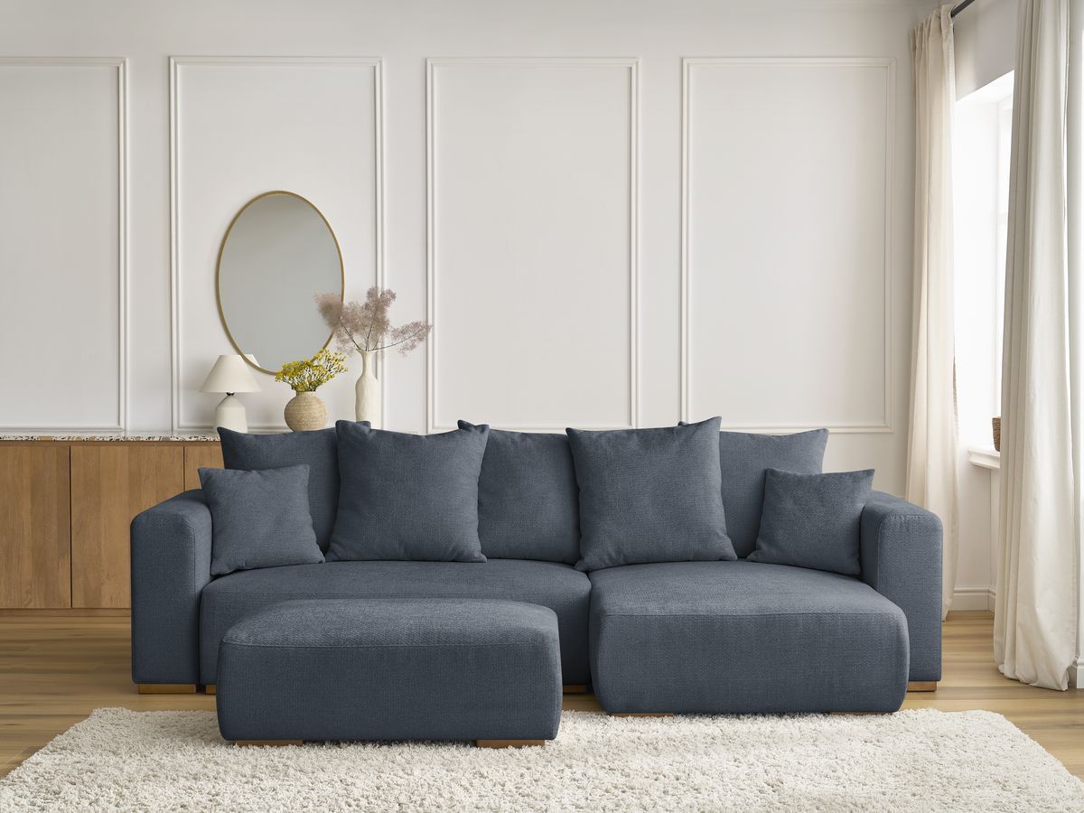 Bobochic Sidonie Ecksofa mit Schlaffunktion und Bettkasten und Pouf Melange-Stoff Dunkelblau