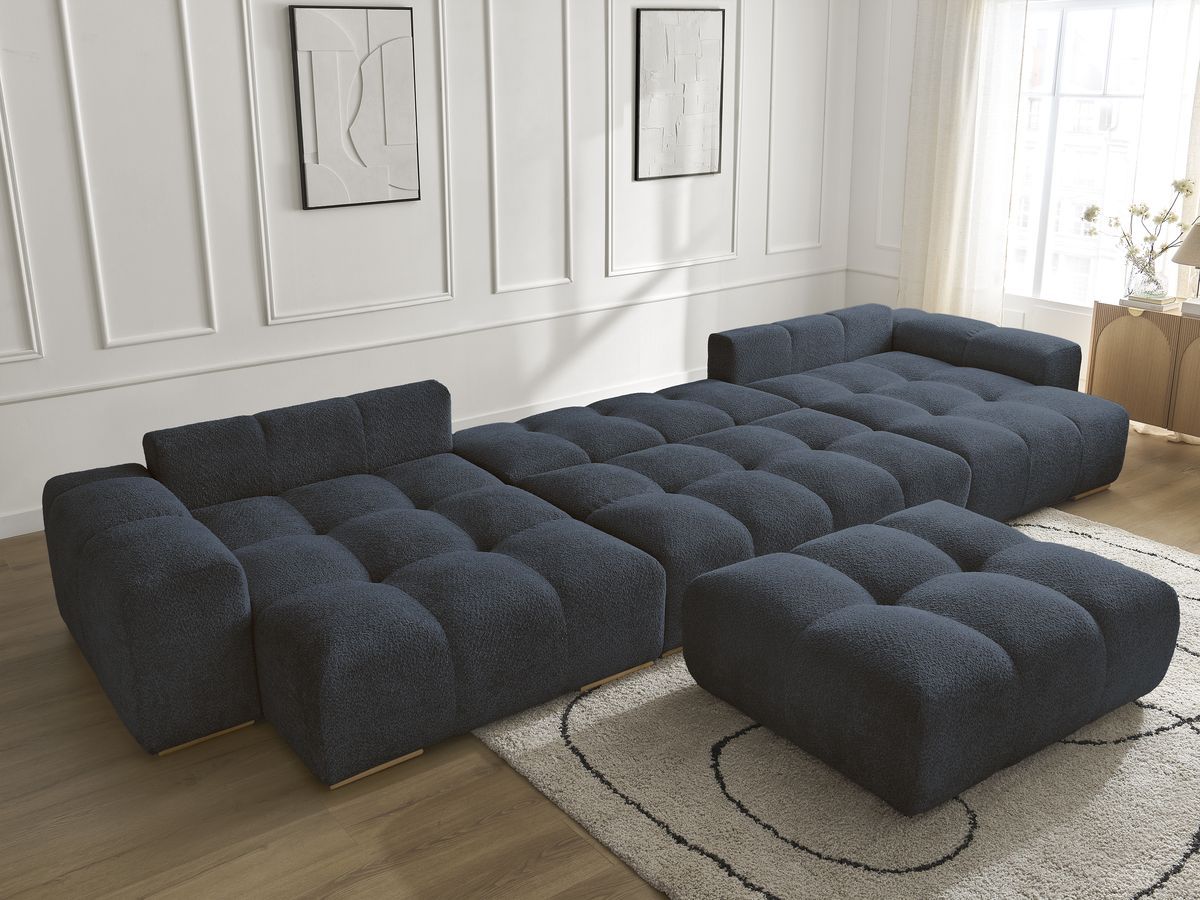 Bobochic Anakin Wohnlandschaft mit Pouf, Liegefläche 137 × 382 cm, 10 Kissen Bouclé-Stoff Dunkelblau