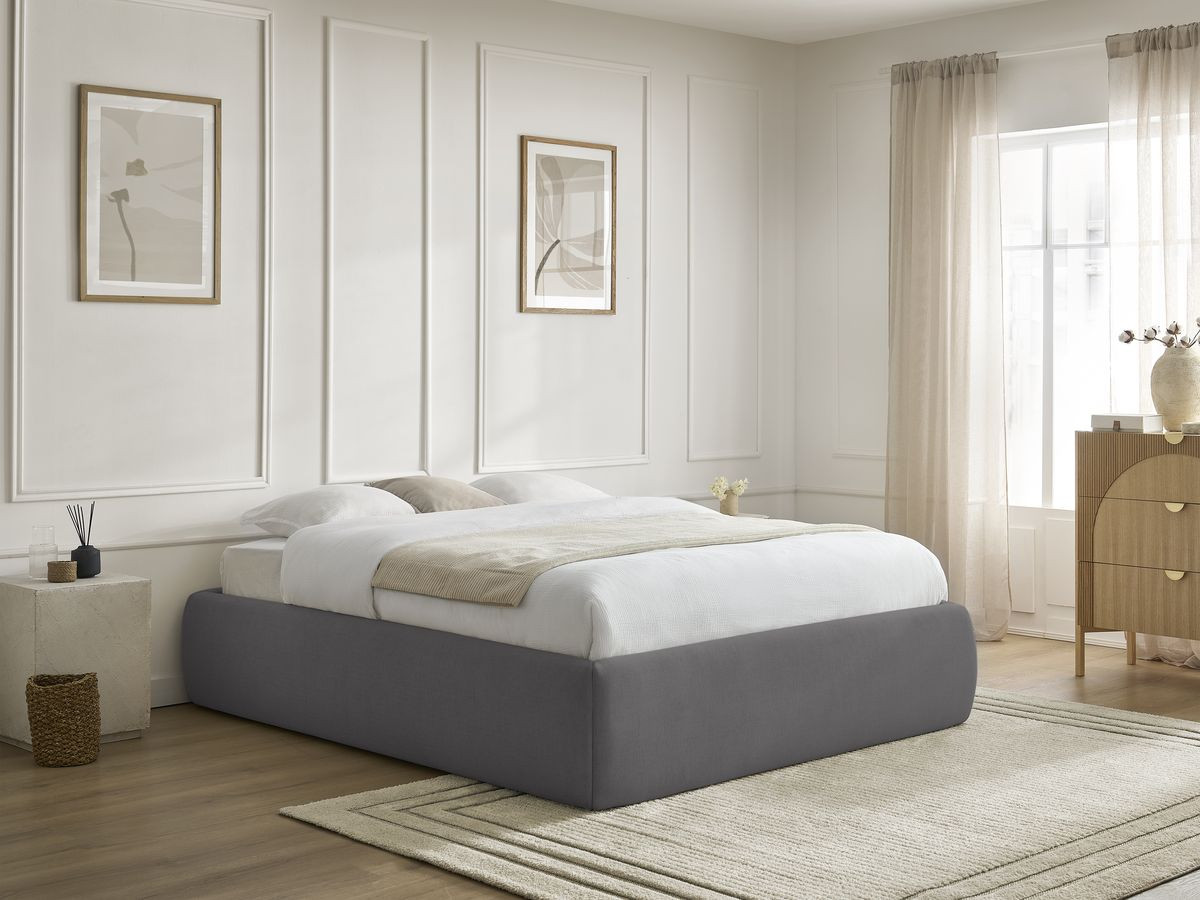 Bobochic Inera Bettgestell mit Bettkasten, ohne Kopfteil Stoff Dunkelgrau, Liegefläche 160 × 200 cm