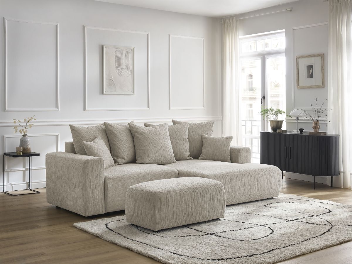 Bobochic Atilla Ecksofa mit Schlaffunktion und Bettkasten und Pouf Strukturstoff Beige Ecke rechts