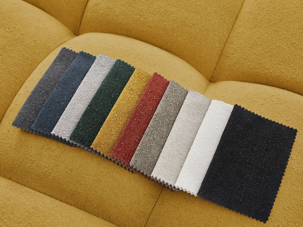 Bobochic Everest Ecksofa mit Schlaffunktion und Bettkasten 320 × 212 cm, 10 Kissen Strukturstoff Gelb Ecke rechts