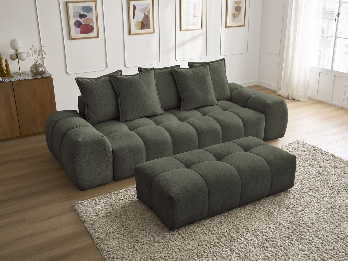 Bobochic Everest Sofa 3-Sitzer mit Pouf, 5 Kissen Melange-Stoff Grün
