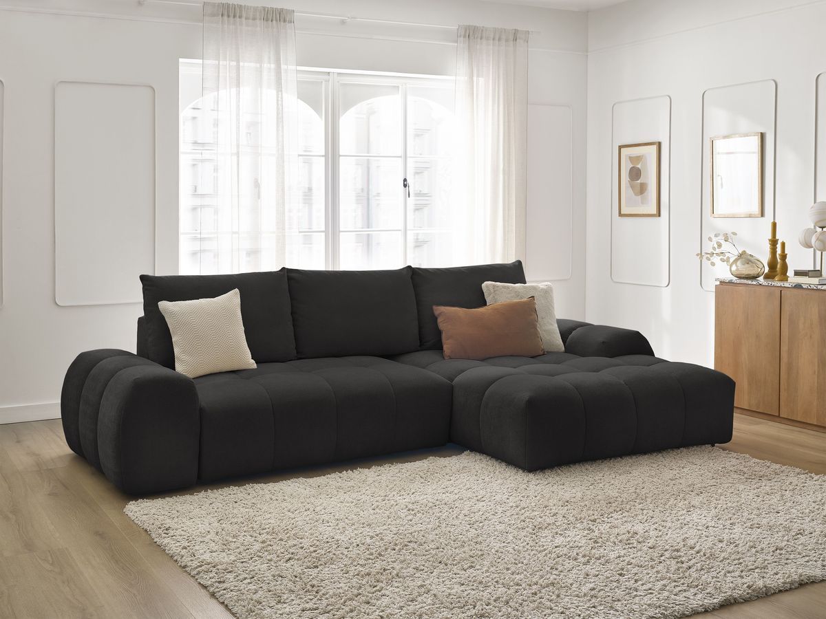 Bobochic Everest Ecksofa mit Schlaffunktion und Bettkasten 318 × 180 cm, 3 Kissen Strukturstoff Schwarz Ecke rechts