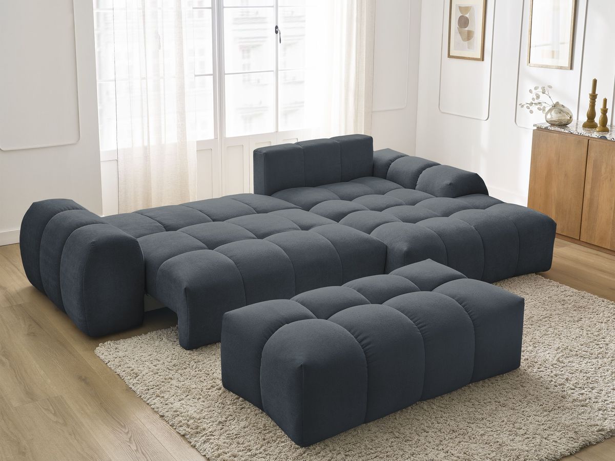 Bobochic Everest Ecksofa mit Schlaffunktion und Bettkasten und Pouf 318 × 180 cm, 3 Kissen Strukturstoff Blau Ecke rechts