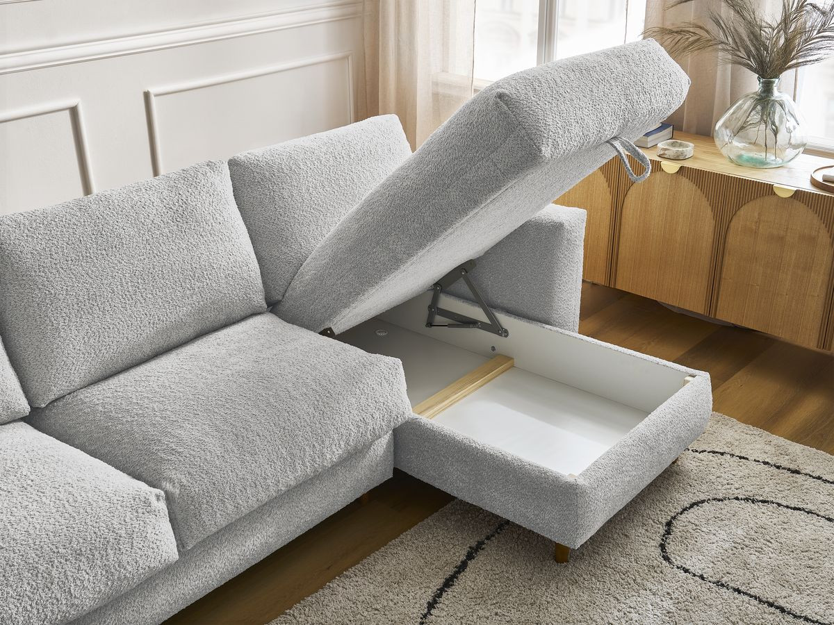 Bobochic Cocoone Ecksofa mit Schlaffunktion und Bettkasten Bouclé-Stoff Hellgrau, Liegefläche 160 × 200 cm