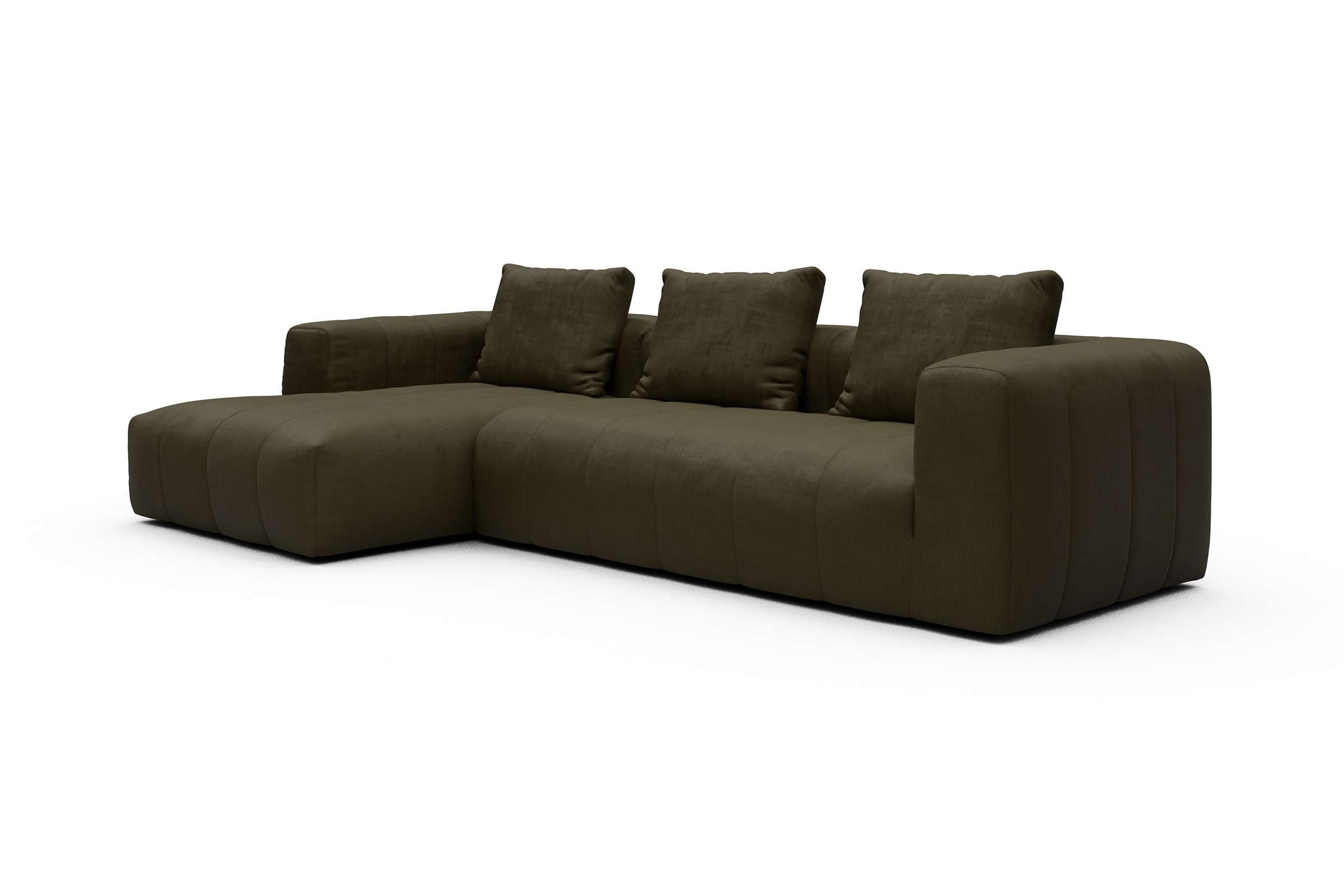 Ecksofa Hugo 2,5-Sitzer Armlehne rechts mit Chaiselongue Cordufine-Pine-Green