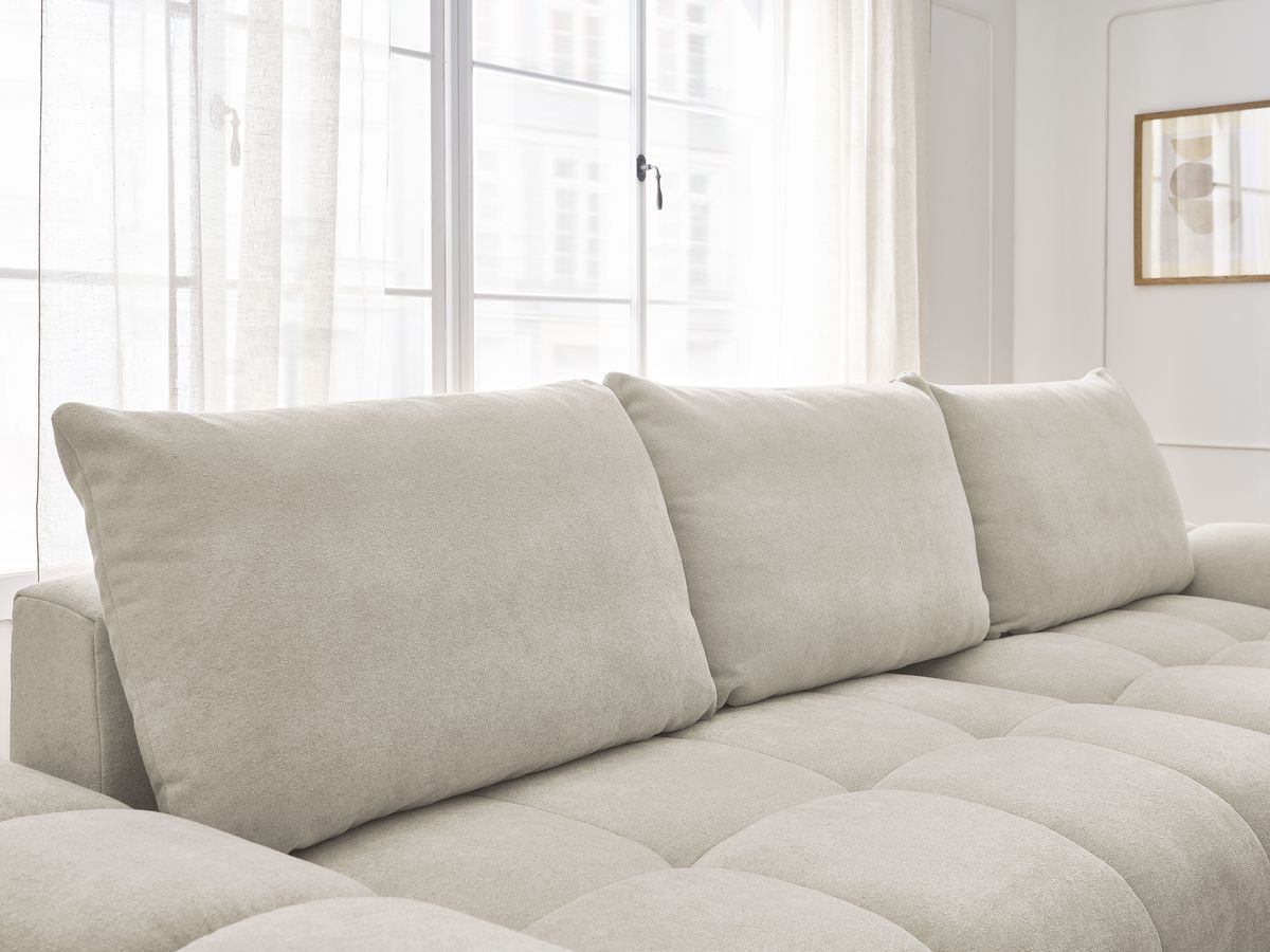 Bobochic Everest Ecksofa mit Schlaffunktion und Bettkasten 318 × 180 cm, 3 Kissen Strukturstoff Beige Ecke rechts