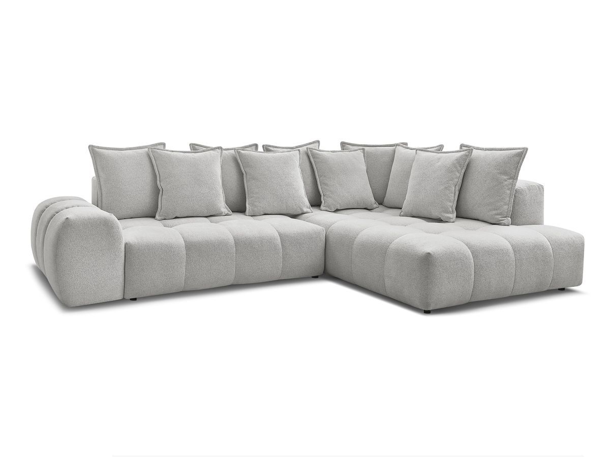 Bobochic Everest Ecksofa mit Schlaffunktion und Bettkasten 320 × 212 cm, 10 Kissen Melange-Stoff Hellgrau Ecke rechts
