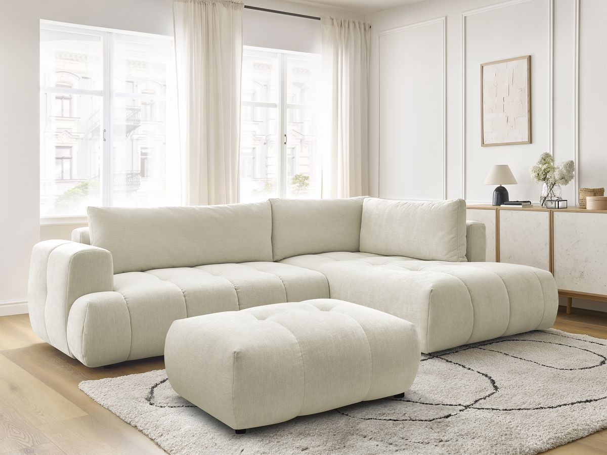 Bobochic Fuji Ecksofa mit Schlaffunktion und Bettkasten und Pouf 282 × 204 cm Stoff Beige Ecke rechts