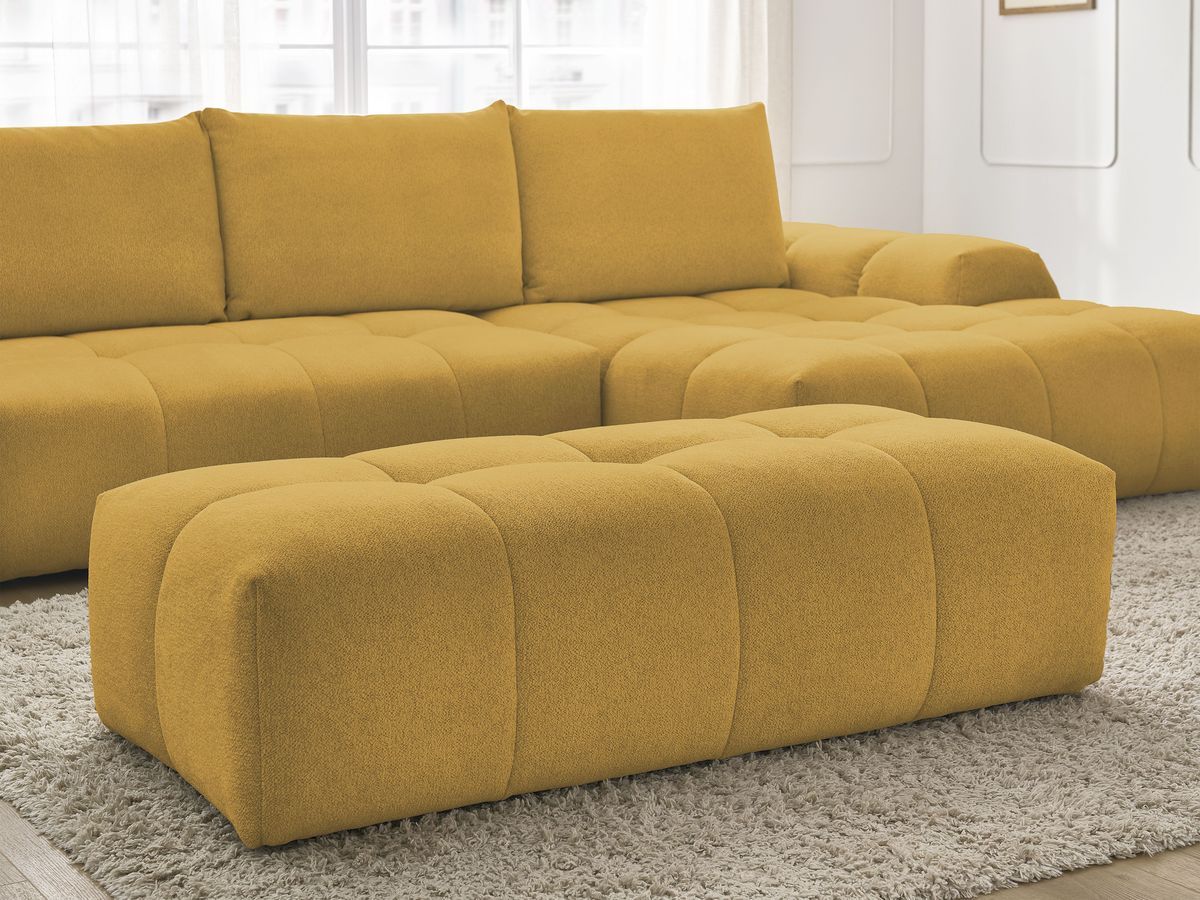 Bobochic Everest Ecksofa mit Schlaffunktion und Bettkasten und Pouf 318 × 180 cm, 3 Kissen Melange-Stoff Gelb Ecke rechts
