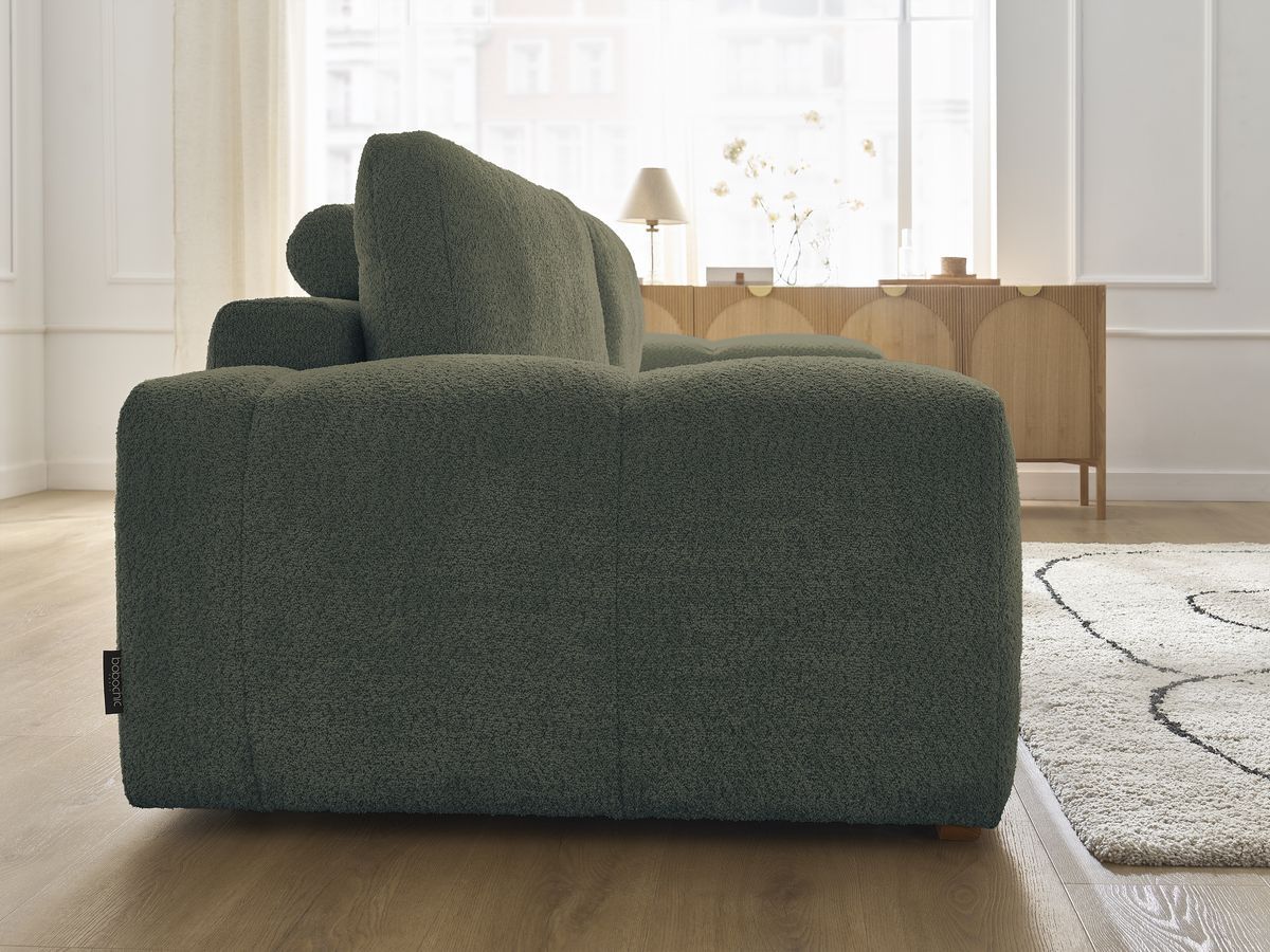 Bobochic Anakin Schlafsofa 3-Sitzer mit Bettkasten, 2 Kissen Bouclé-Stoff Grün