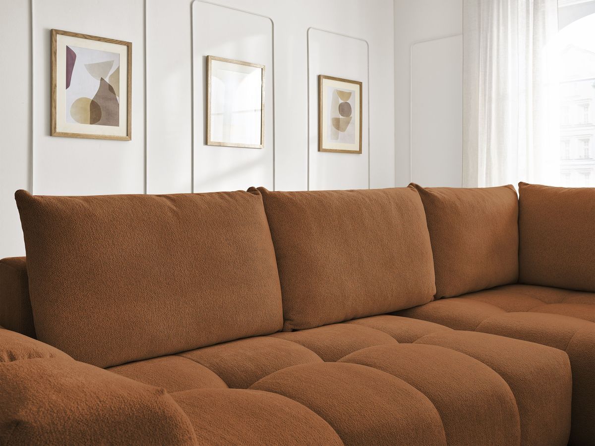 Bobochic Everest Ecksofa mit Schlaffunktion und Bettkasten 320 × 212 cm, 5 Kissen Melange-Stoff Orange Ecke rechts
