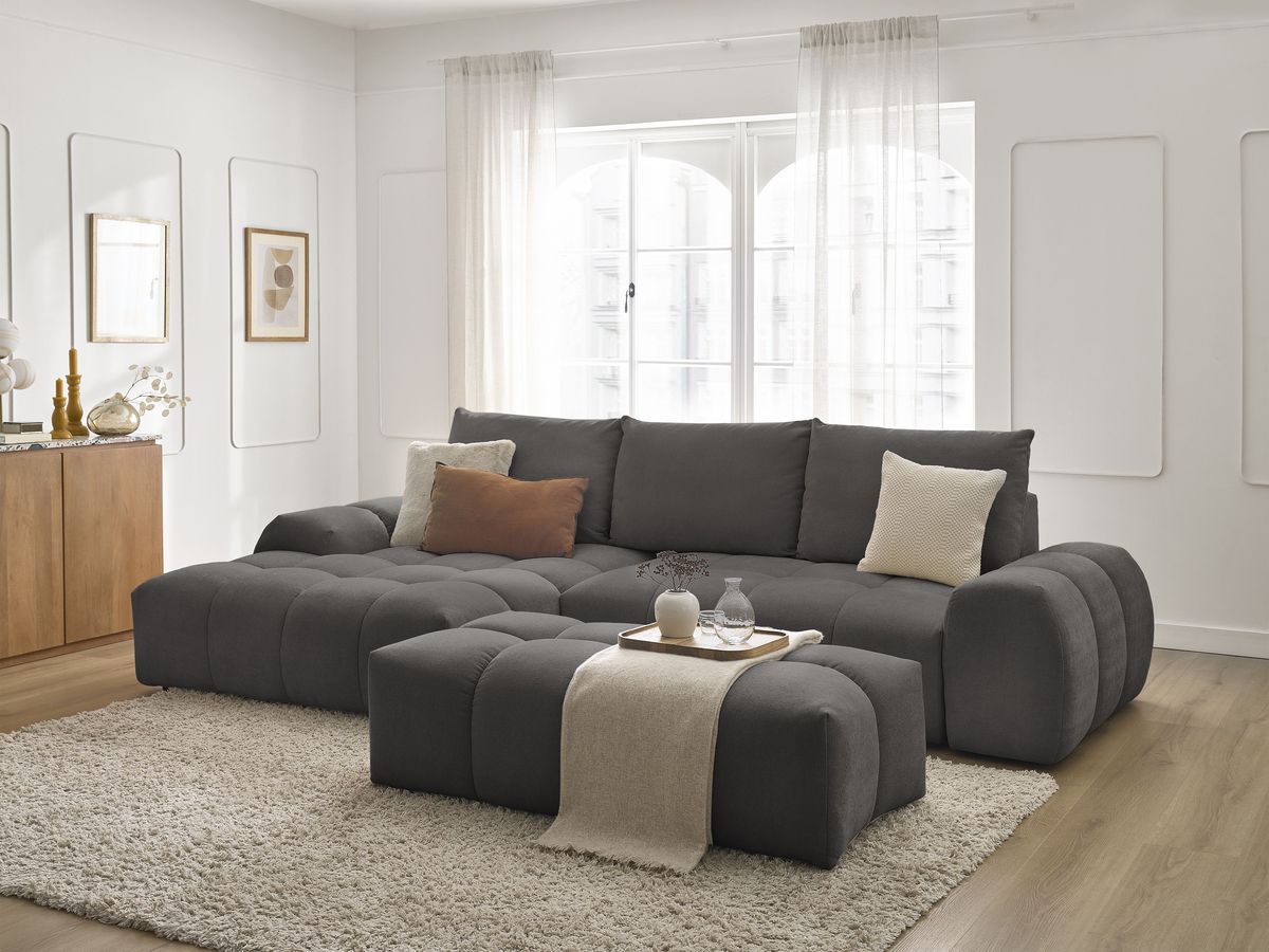 Bobochic Everest Ecksofa mit Schlaffunktion und Bettkasten und Pouf 318 × 180 cm, 3 Kissen Strukturstoff Dunkelgrau Ecke links