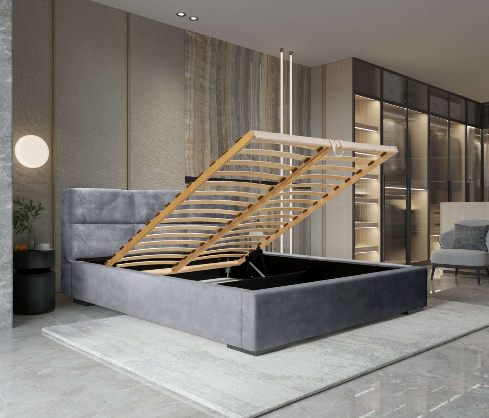 Polsterbett Portoza Samtstoff 180x200 mit Holzrahmen Macau Ash