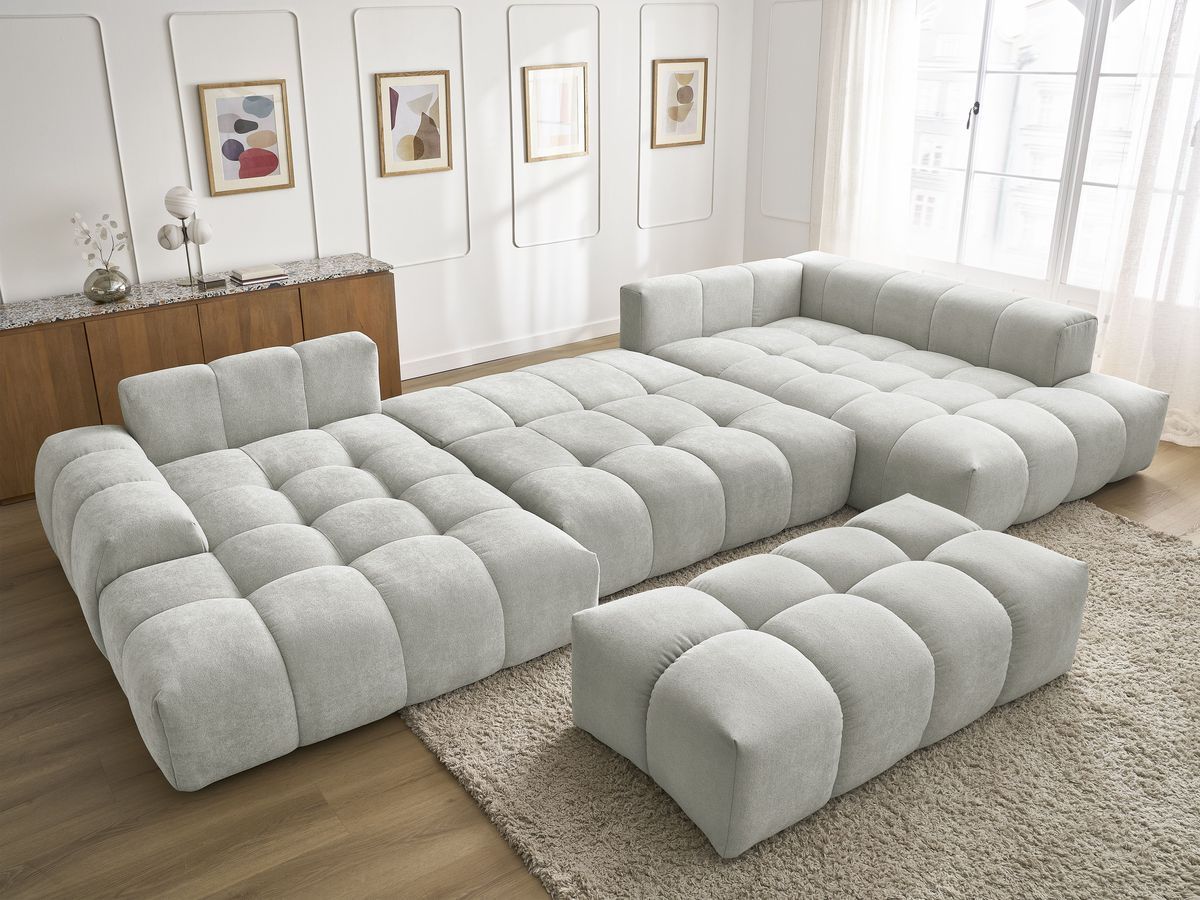 Bobochic Everest Wohnlandschaft mit Pouf, 6 Kissen Strukturstoff Hellgrau Ecke links