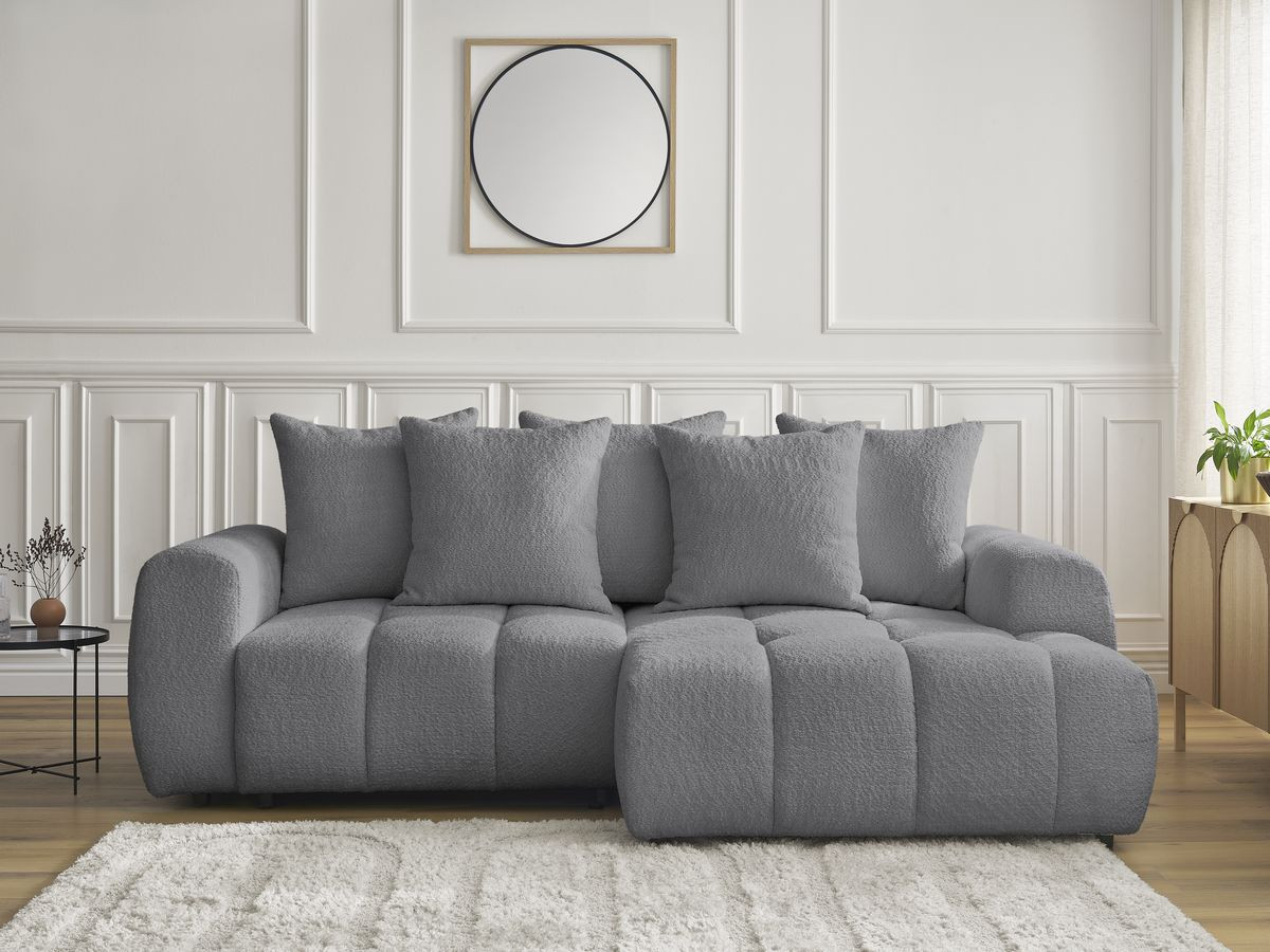 Bobochic Roxelane Ecksofa mit Schlaffunktion und Bettkasten 258 × 150 cm Bouclé-Stoff Dunkelgrau Ecke rechts