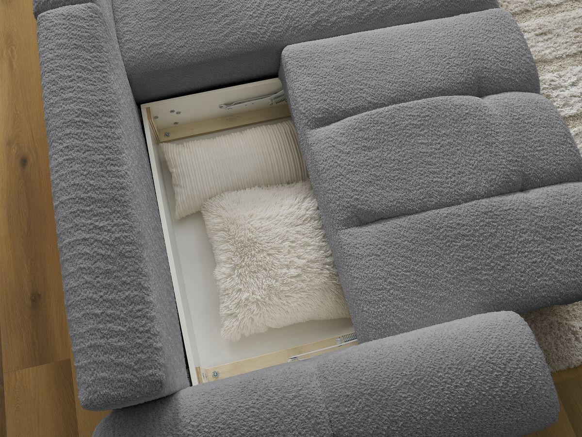 Bobochic Roxelane Ecksofa mit Schlaffunktion und Bettkasten und Pouf 258 × 150 cm Bouclé-Stoff Dunkelgrau Ecke rechts