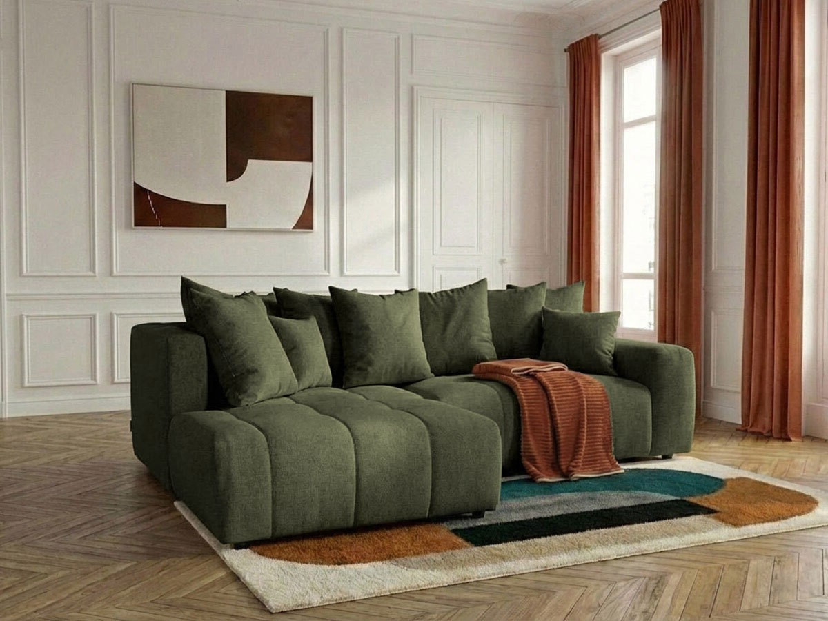 Bobochic Roxelane Ecksofa mit Schlaffunktion und Bettkasten Melange-Stoff Grün Ecke links