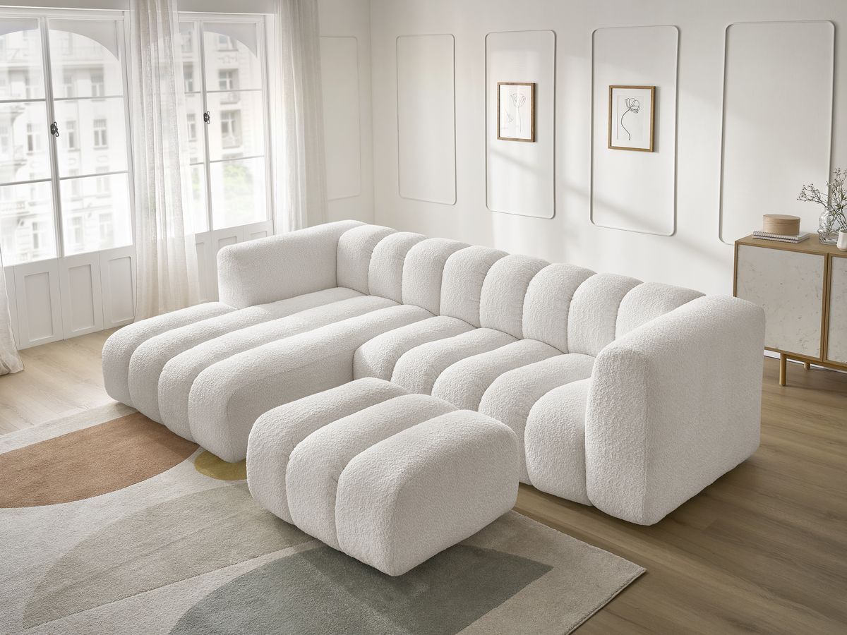 Bobochic Talia Ecksofa mit Pouf Bouclé-Stoff Weiß Ecke links