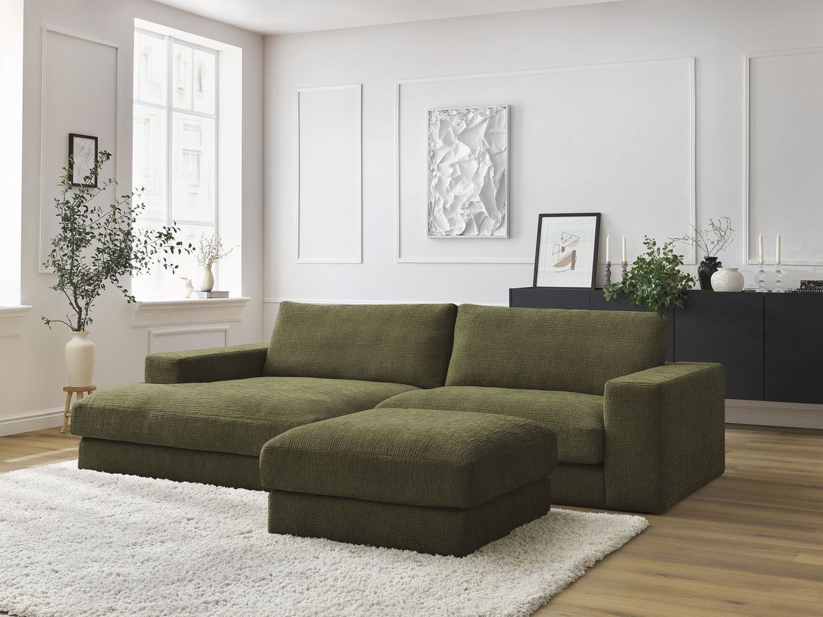 Bobochic Leonard Ecksofa mit Pouf 234 × 159 cm Strukturstoff Grün Ecke links