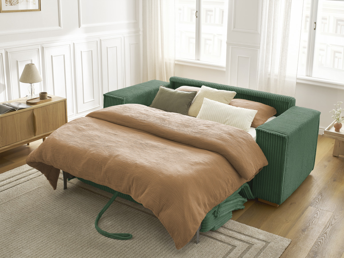 Bobochic Chelsea Schlafsofa 3-Sitzer Cordsamt Grün, Liegefläche 140 × 200 cm