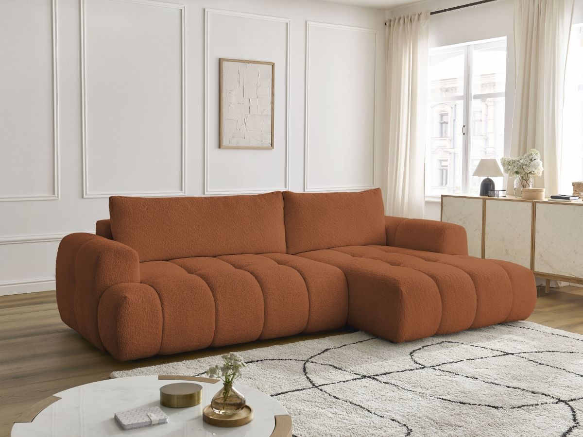 Bobochic Fuji Ecksofa mit Schlaffunktion und Bettkasten 292 × 160 cm Bouclé-Stoff Orange Ecke rechts