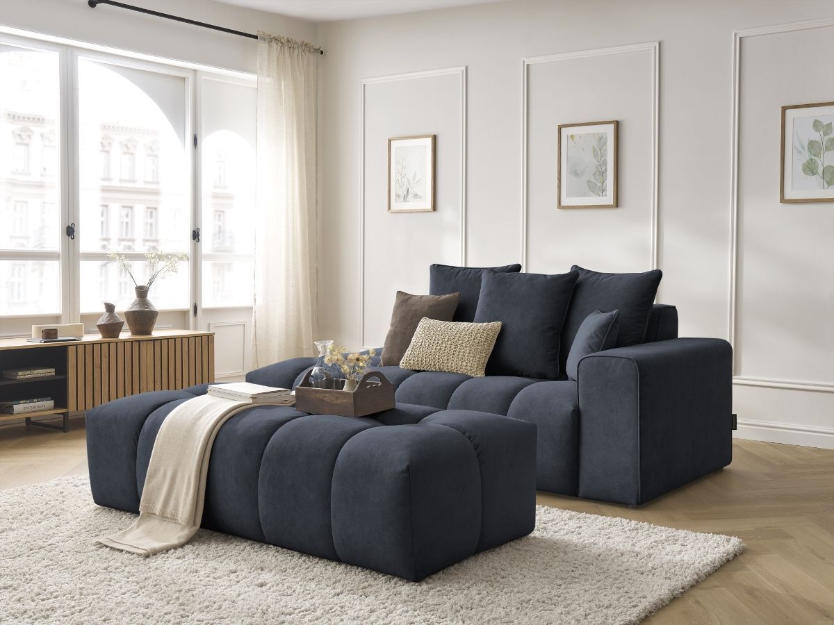 Bobochic Mont-blanc Sofa 5-Sitzer mit Pouf Samt Dunkelblau Armlehne rechts