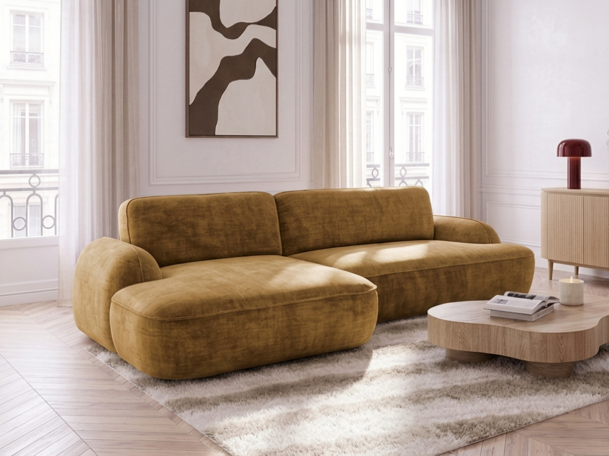 Bobochic Celeste Ecksofa mit Schlaffunktion und Bettkasten Stoff Gelb Ecke links