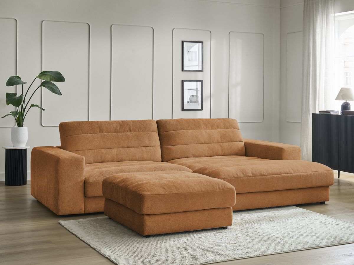 Bobochic Sierra Ecksofa mit Pouf Strukturstoff Orange Ecke rechts