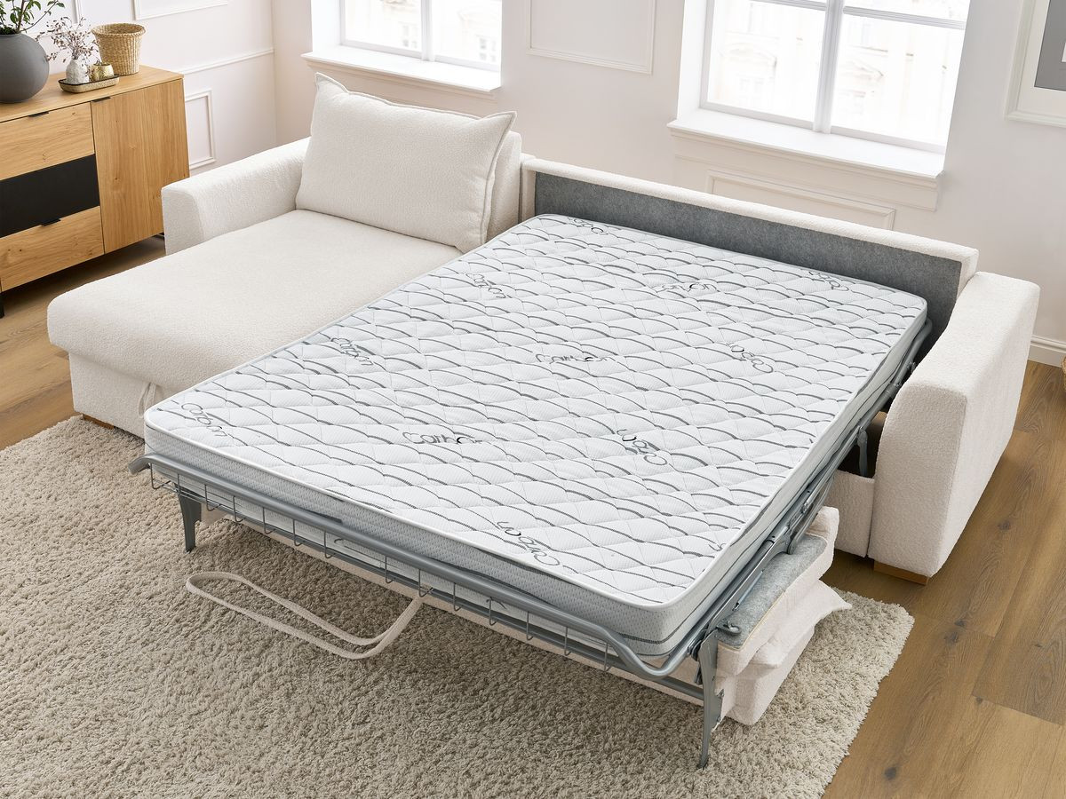 Bobochic Augustin Ecksofa mit Schlaffunktion und Bettkasten Bouclé-Stoff Weiß, Liegefläche 140 × 200 cm