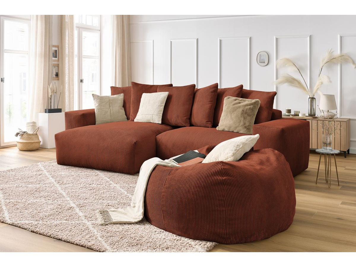 Bobochic Voltaire Ecksofa mit Pouf 310 × 174 cm Cordsamt Orange